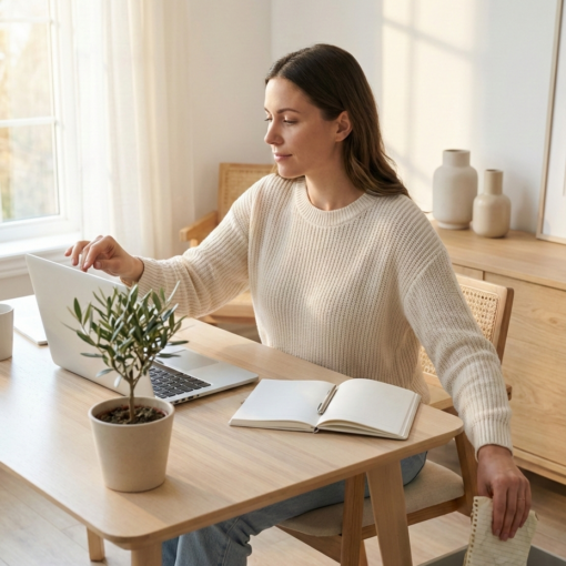 An entrepreneur resetting their workspace by clearing clutter and opening a fresh notebook, symbolising a New Year reset and renewed focus.