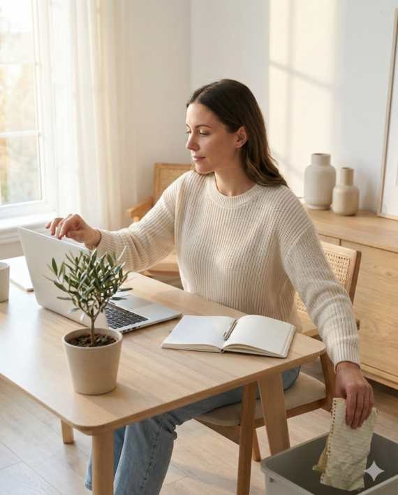 An entrepreneur resetting their workspace by clearing clutter and opening a fresh notebook, symbolising a New Year reset and renewed focus.