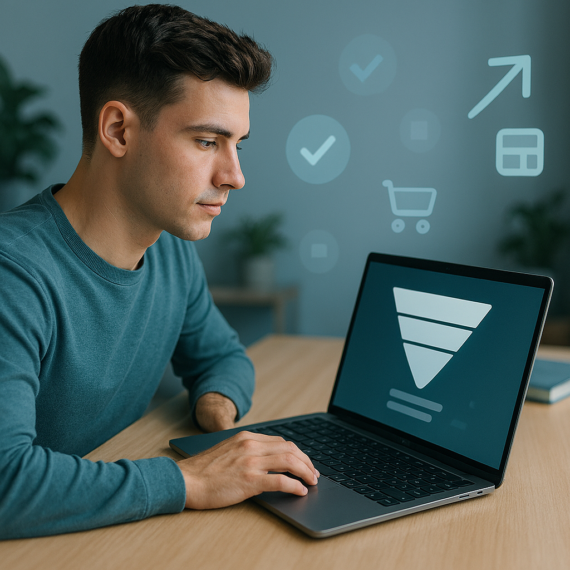 A clean minimalist home workspace with a laptop showing a simple sales funnel, surrounded by soft natural light and subtle digital icons symbolising focus and simplicity in affiliate marketing.