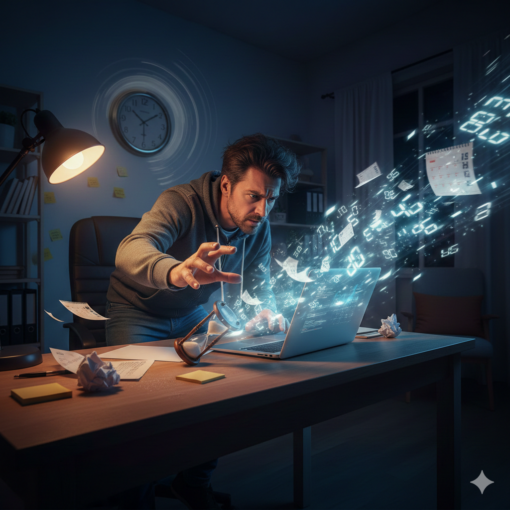 A late-night home office scene where an affiliate marketer reaches toward a laptop as blurred clocks, calendar pages, and flying notes rush past, symbolising a missed deadline and time slipping away.