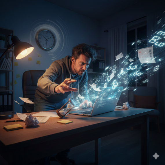 A late-night home office scene where an affiliate marketer reaches toward a laptop as blurred clocks, calendar pages, and flying notes rush past, symbolising a missed deadline and time slipping away.