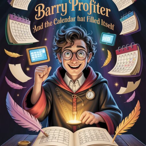Cartoon-style illustration of a young wizard with glasses in a magical study, surrounded by floating calendars and glowing golden dates while enchanted planners write themselves.