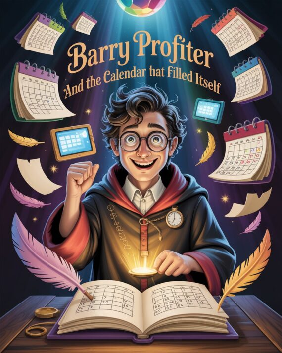 Cartoon-style illustration of a young wizard with glasses in a magical study, surrounded by floating calendars and glowing golden dates while enchanted planners write themselves.