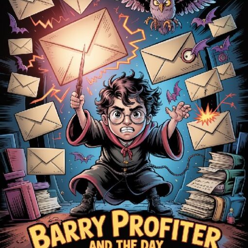 A dark cartoon illustration of a young wizard resembling Harry Potter battling a chaotic storm of aggressive emails and enchanted envelopes, with the title “Barry Profiter and the Day the Inbox Fought Back” integrated into the scene.