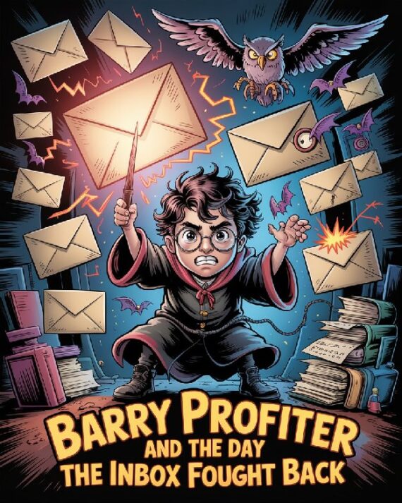 A dark cartoon illustration of a young wizard resembling Harry Potter battling a chaotic storm of aggressive emails and enchanted envelopes, with the title “Barry Profiter and the Day the Inbox Fought Back” integrated into the scene.