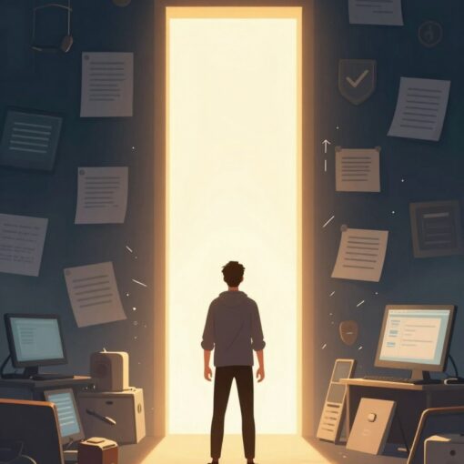 A determined affiliate marketer stands one step away from a glowing gateway, symbolising being on the verge of approval and transformation in the affiliate marketing journey.