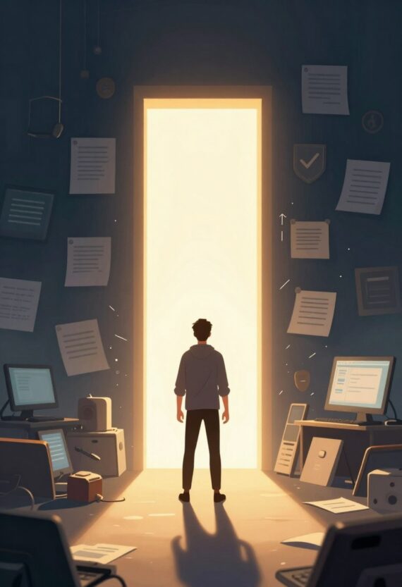 A determined affiliate marketer stands one step away from a glowing gateway, symbolising being on the verge of approval and transformation in the affiliate marketing journey.