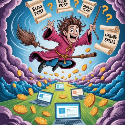 Cartoon wizard Barry Profiter falling off a broom above a magical digital blogging world with floating laptops, scrolls and gold coins.
