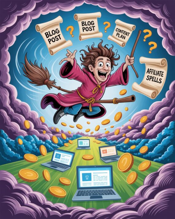 Cartoon wizard Barry Profiter falling off a broom above a magical digital blogging world with floating laptops, scrolls and gold coins.