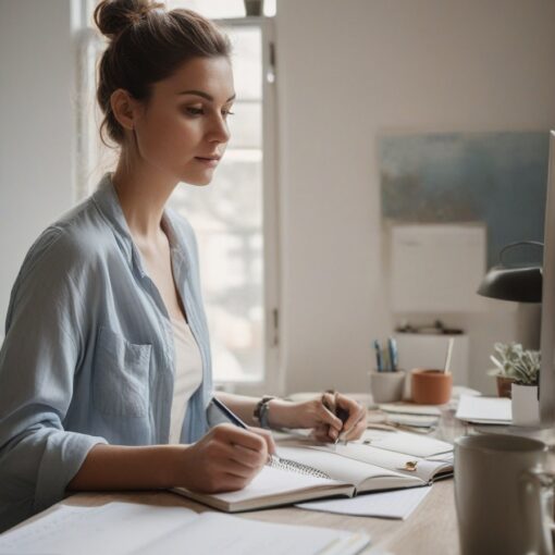 An entrepreneur writing a goal in a notebook at a tidy desk, representing commitment, focus, and long-term success.