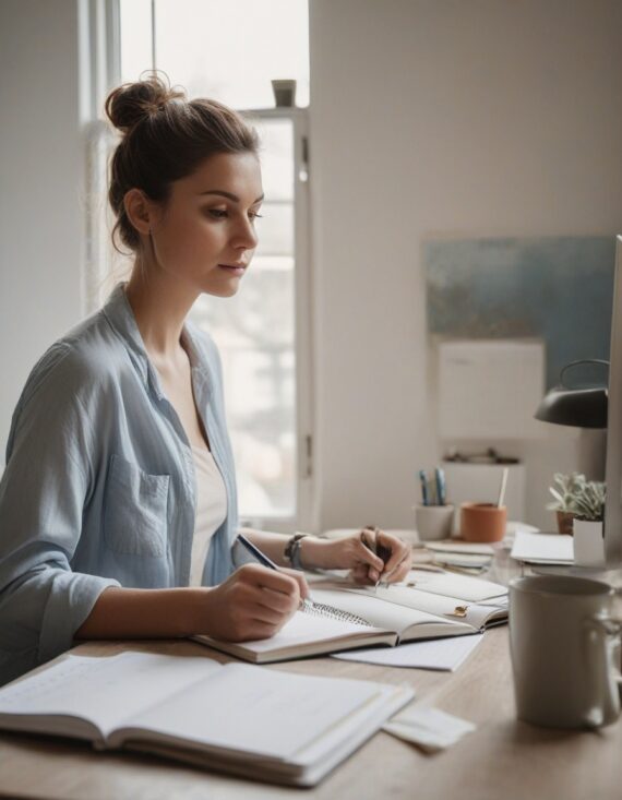 An entrepreneur writing a goal in a notebook at a tidy desk, representing commitment, focus, and long-term success.