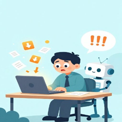 A cartoon-style illustration of a surprised affiliate marketer at a desk as download icons spill from a laptop, while a friendly robot steps in to help, symbolising AI assistance fixing a mistake.