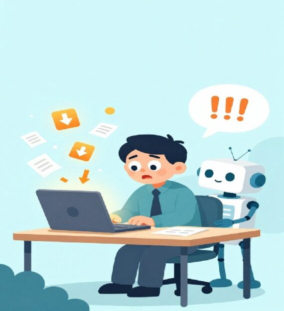 A cartoon-style illustration of a surprised affiliate marketer at a desk as download icons spill from a laptop, while a friendly robot steps in to help, symbolising AI assistance fixing a mistake.