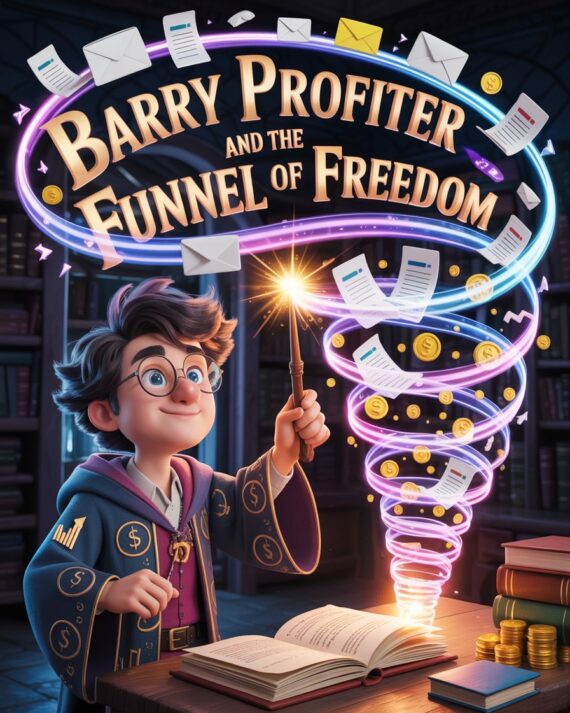 Cartoon-style illustration of a wizard-like entrepreneur facing a glowing spiral marketing funnel made of web pages, emails, and coins swirling toward a bright opening.