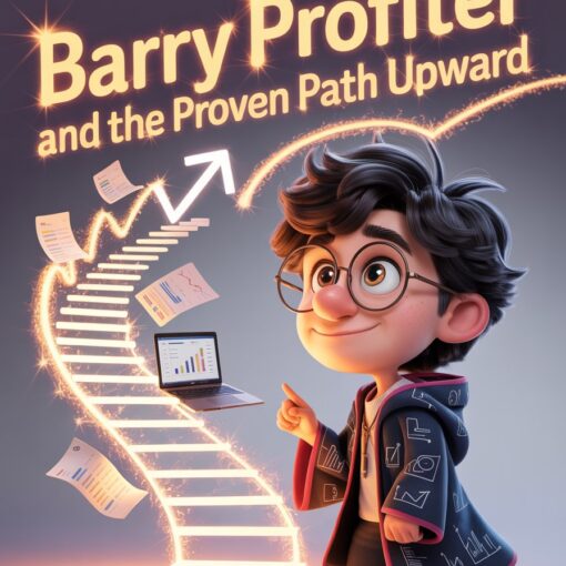 Cartoon-style image of a young wizard entrepreneur with glasses standing before a glowing upward path made of floating steps shaped like charts and arrows, symbolizing growth and progress.