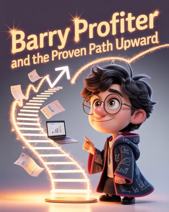 Cartoon-style image of a young wizard entrepreneur with glasses standing before a glowing upward path made of floating steps shaped like charts and arrows, symbolizing growth and progress.
