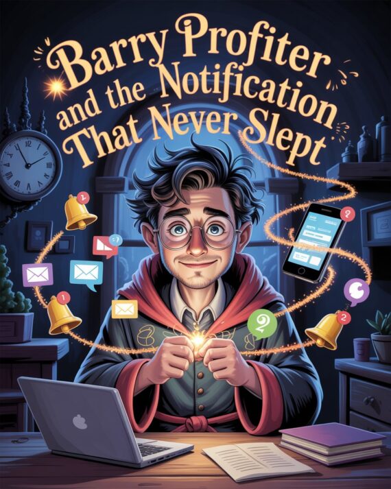 Cartoon-style illustration of a wizard-like entrepreneur surrounded by glowing floating notification icons at night, looking tired while holding a wand in a magical study.