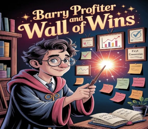 Cartoon-style illustration of a wizard-like entrepreneur standing before a glowing wall filled with framed affiliate marketing achievements, charts, and checkmarks, celebrating earned progress.