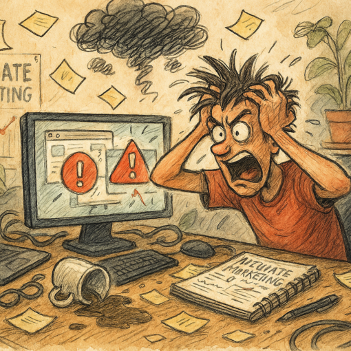 Hand-drawn illustration of a frustrated affiliate marketer at a messy desk with a glitching computer, flying papers, tangled cables, and spilled coffee during a stressful tech failure.