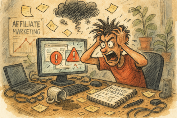 Hand-drawn illustration of a frustrated affiliate marketer at a messy desk with a glitching computer, flying papers, tangled cables, and spilled coffee during a stressful tech failure.