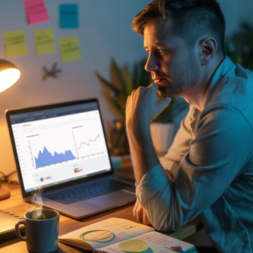 Photo-realistic image of an affiliate marketer working late at a laptop, studying analytics after a traffic drop while noticing a small positive data spike.