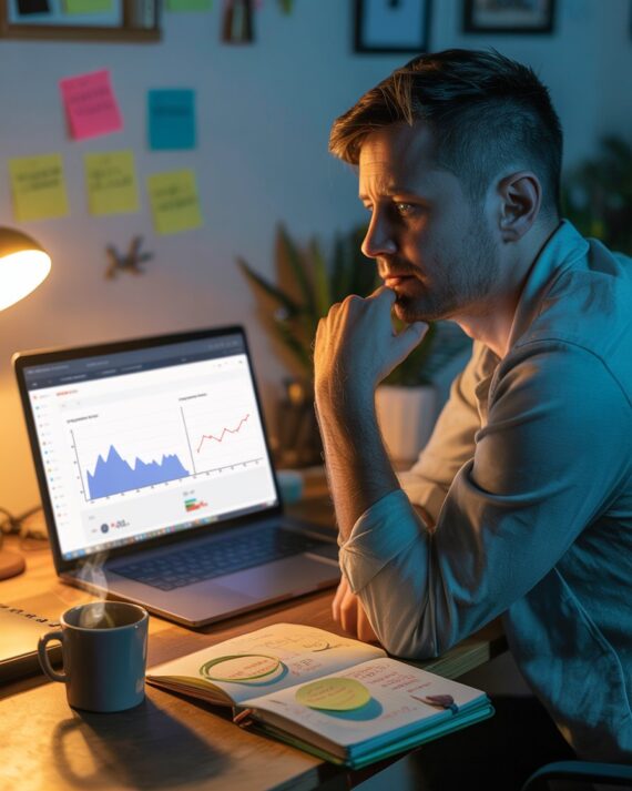 Photo-realistic image of an affiliate marketer working late at a laptop, studying analytics after a traffic drop while noticing a small positive data spike.