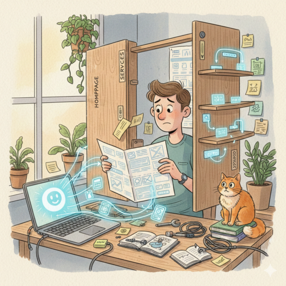Hand-drawn illustration of an online entrepreneur assembling flat-pack furniture that transforms into website and digital product elements, guided by an AI assistant on a laptop.