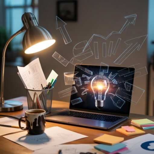 Home-based entrepreneur at a desk with a glowing laptop as a lightbulb hologram dissolves into digital fragments, symbolising a scrapped business idea.