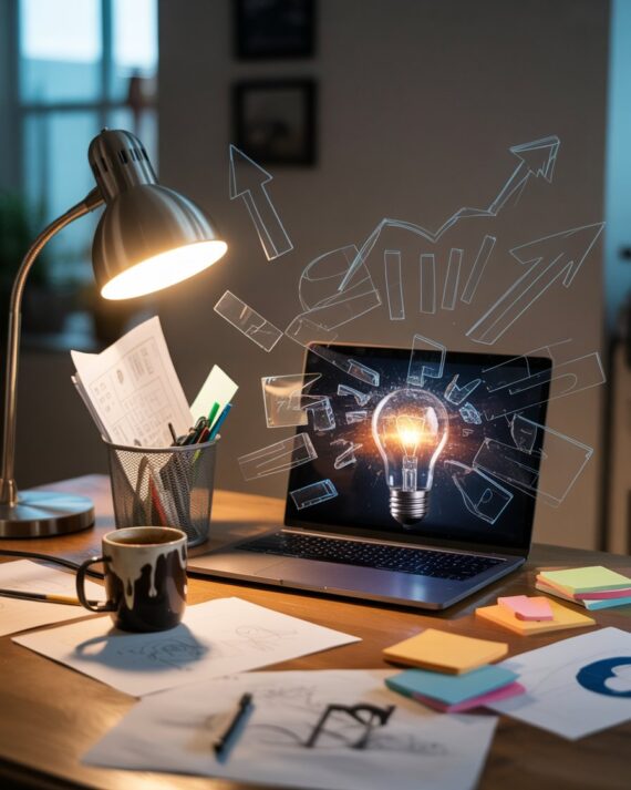 Home-based entrepreneur at a desk with a glowing laptop as a lightbulb hologram dissolves into digital fragments, symbolising a scrapped business idea.
