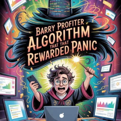 Cartoon-style illustration of a wizard-like entrepreneur in a chaotic control room surrounded by glowing screens, spiking graphs, and a swirling algorithm reacting to frantic activity.