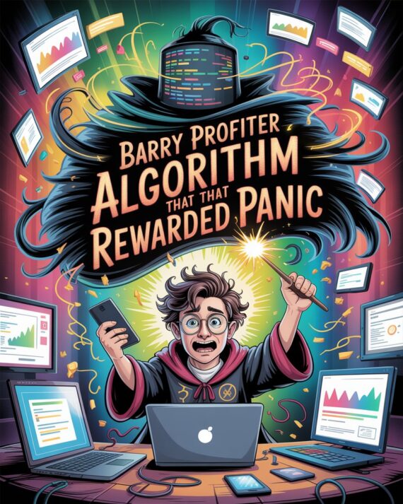 Cartoon-style illustration of a wizard-like entrepreneur in a chaotic control room surrounded by glowing screens, spiking graphs, and a swirling algorithm reacting to frantic activity.