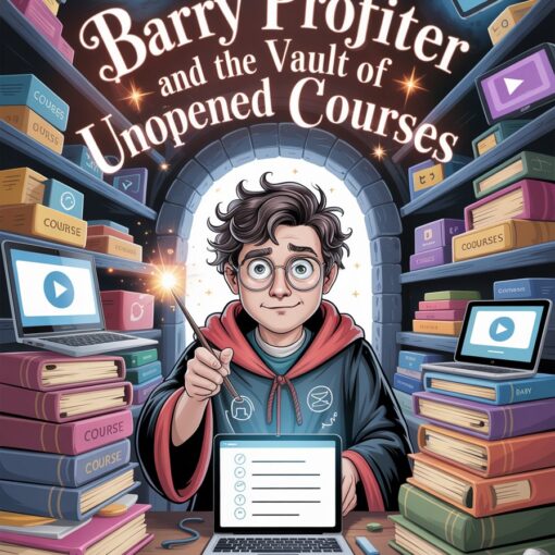Cartoon-style illustration of a wizard-like entrepreneur standing inside a massive vault filled with unopened online course boxes, laptops, tablets, and glowing digital learning icons.
