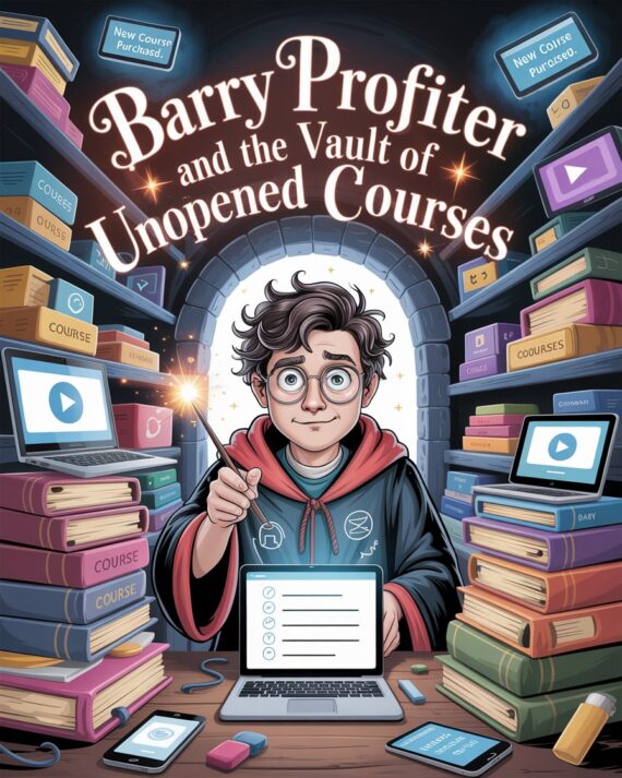 Cartoon-style illustration of a wizard-like entrepreneur standing inside a massive vault filled with unopened online course boxes, laptops, tablets, and glowing digital learning icons.
