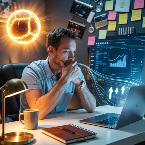 Male affiliate marketer in a home office looking torn between a glowing golden opportunity and distracting gadgets on his desk.