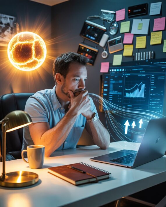 Male affiliate marketer in a home office looking torn between a glowing golden opportunity and distracting gadgets on his desk.
