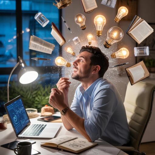 Male affiliate marketer at a desk with glowing lightbulbs above his head and historical imagery emerging as he brainstorms ideas.