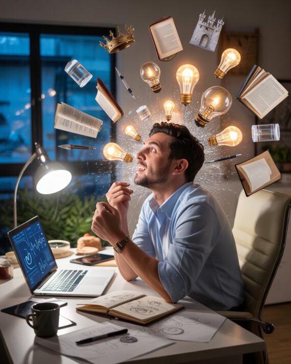 Male affiliate marketer at a desk with glowing lightbulbs above his head and historical imagery emerging as he brainstorms ideas.