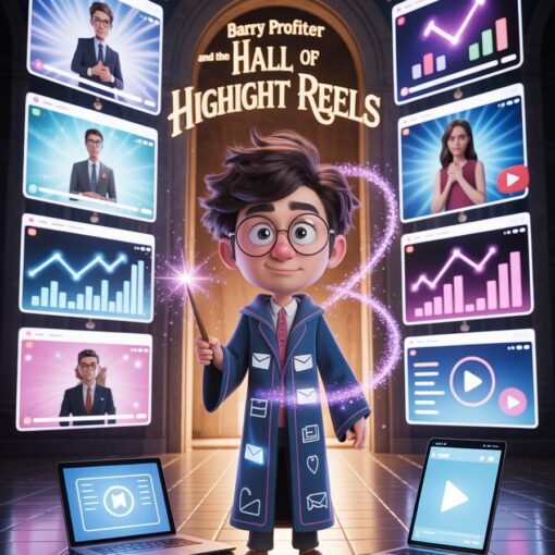 Cartoon-style illustration of a wizard-like entrepreneur standing in a hall filled with giant glowing screens showing online success highlights, surrounded by modern devices like a laptop, tablet, and smartphone.