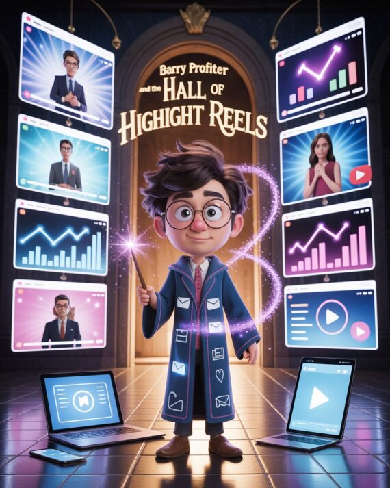 Cartoon-style illustration of a wizard-like entrepreneur standing in a hall filled with giant glowing screens showing online success highlights, surrounded by modern devices like a laptop, tablet, and smartphone.