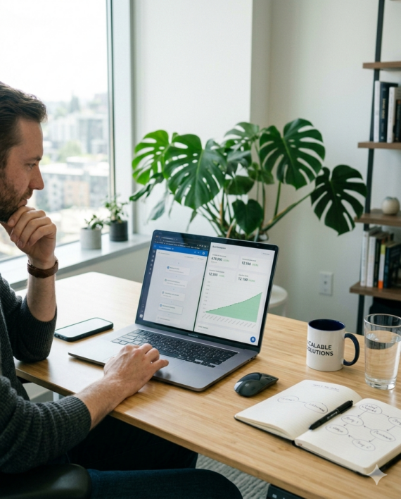 Online entrepreneur reviewing automated systems and growth analytics on a laptop