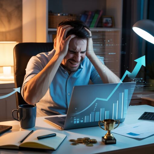 Male affiliate marketer at a desk reacting in frustration as a rising graph on his laptop begins to fall or glitch.