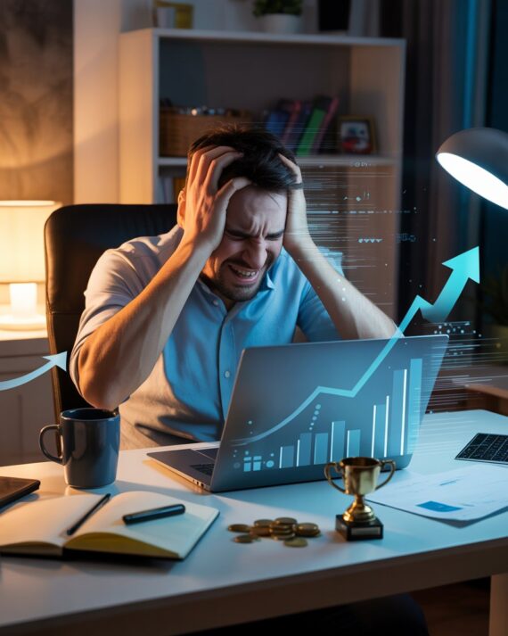 Male affiliate marketer at a desk reacting in frustration as a rising graph on his laptop begins to fall or glitch.