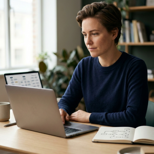 Entrepreneur reviewing workflow systems and automation on a laptop at a desk