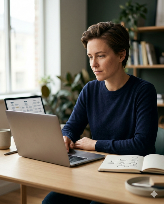 Entrepreneur reviewing workflow systems and automation on a laptop at a desk