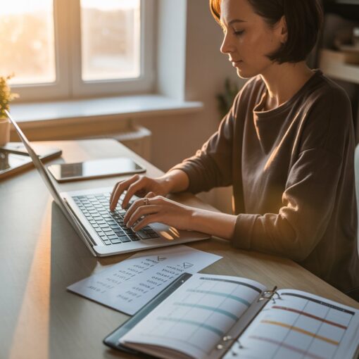 Entrepreneur following a weekly content schedule on a laptop in a home office