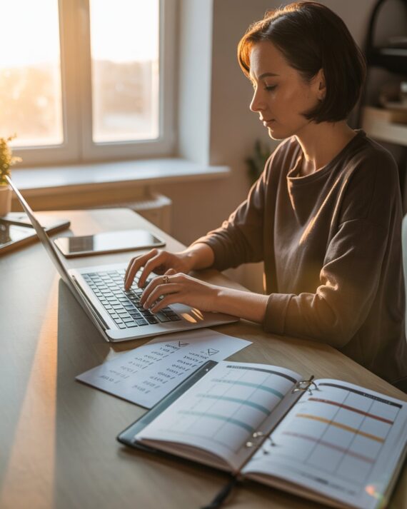 Entrepreneur following a weekly content schedule on a laptop in a home office