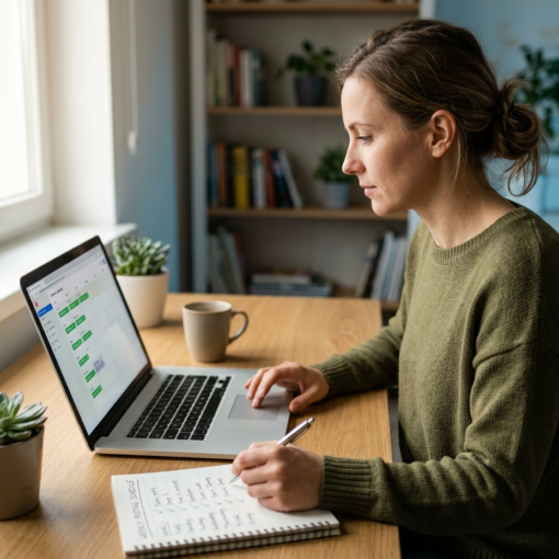 Entrepreneur following a weekly content schedule on a laptop in a home office
