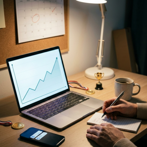 Home-based affiliate marketer workspace with laptop showing rising earnings chart, small trophies and medals celebrating two recent commissions.