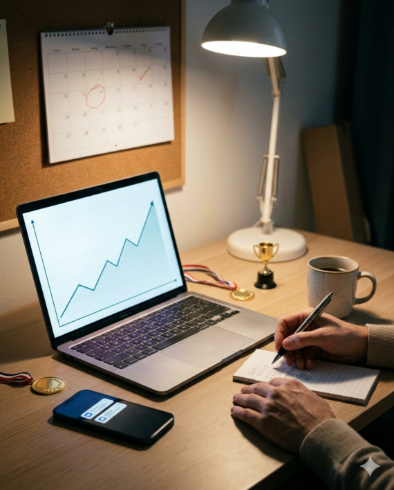 Home-based affiliate marketer workspace with laptop showing rising earnings chart, small trophies and medals celebrating two recent commissions.