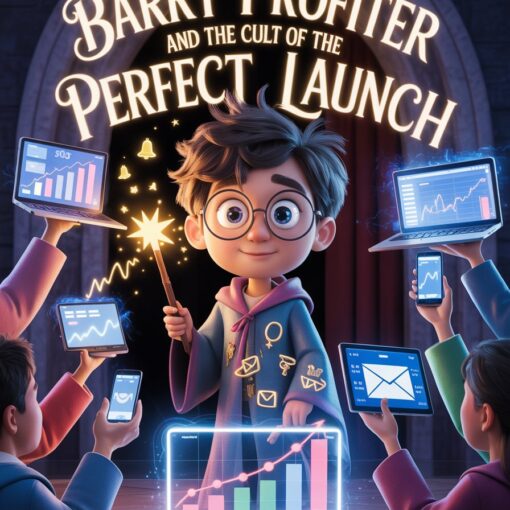 Cartoon-style illustration of a wizard-like entrepreneur watching robed figures performing a dramatic product launch ritual with laptops, countdown timers, and glowing sales charts.